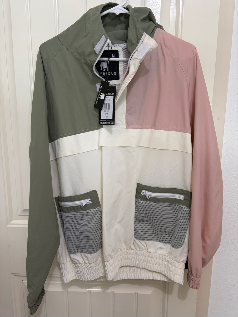 American Stitch Colorblock Windbreaker Jacket in Olive Green, Blush Pink & Cream